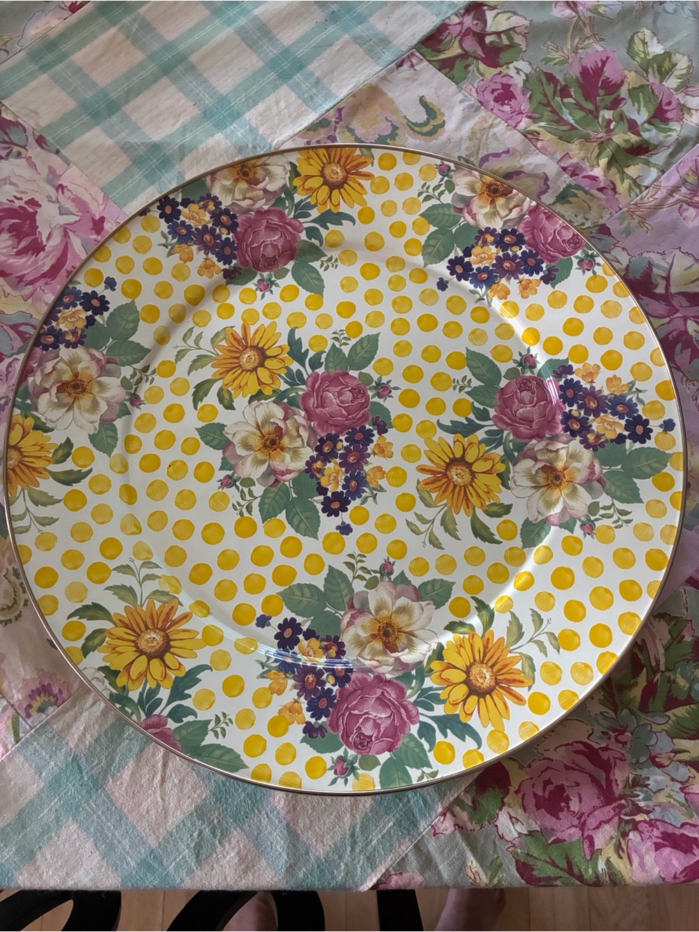 MacKenzie-Childs Buttercup Yellow Polka Dot Floral Serving Platter 16”